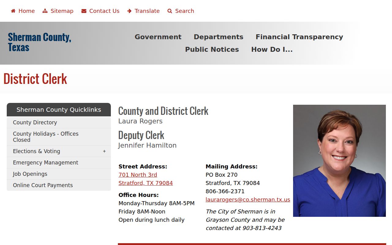 Sherman County criminal court case clerk page