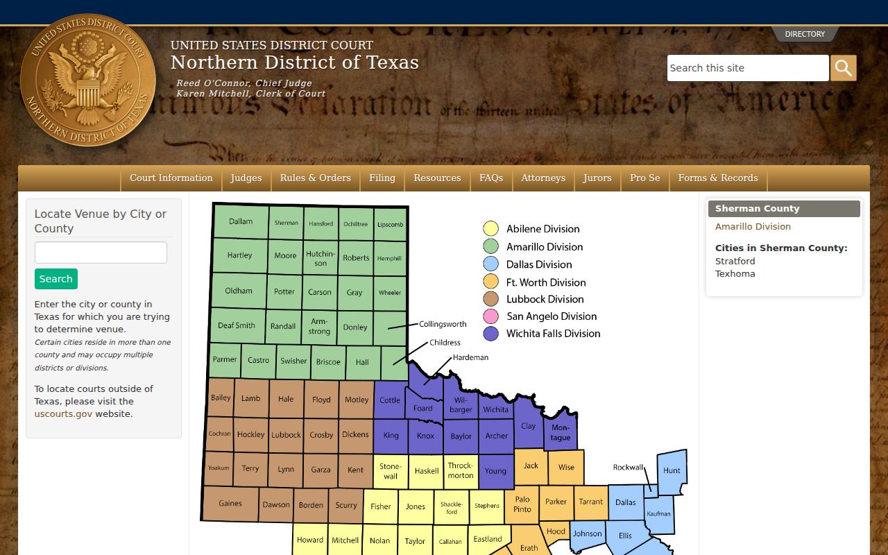 Sherman County criminal court case federal district assignment