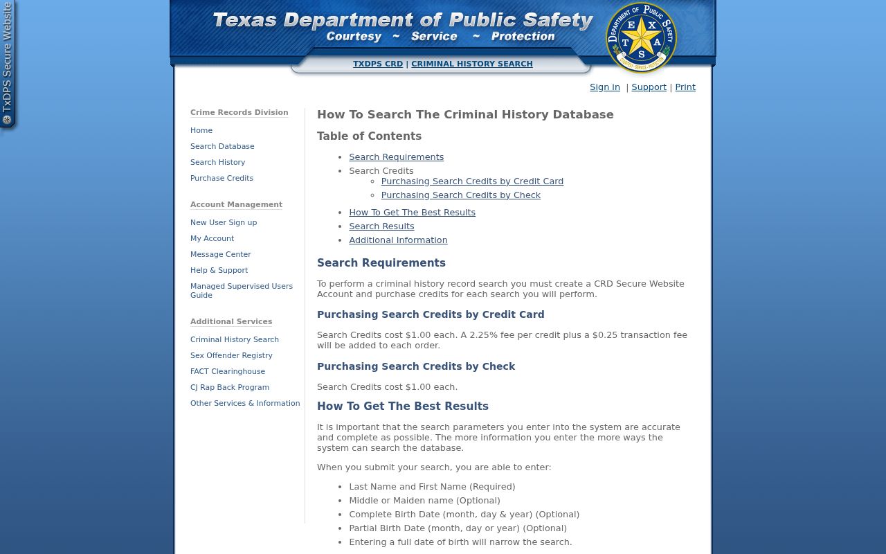 Sherman County criminal history DPS search credit instructions