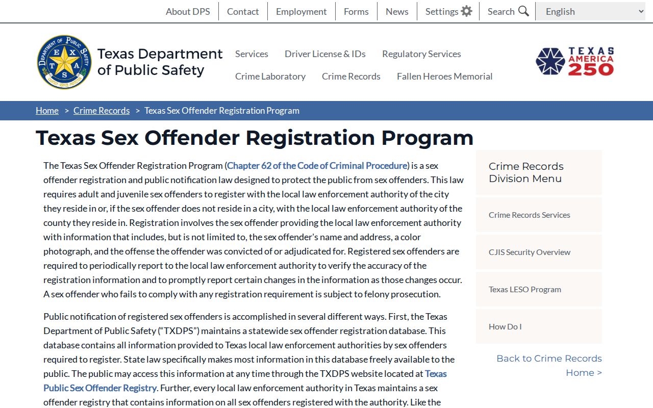 Sherman County sex offender registration program information from Texas DPS