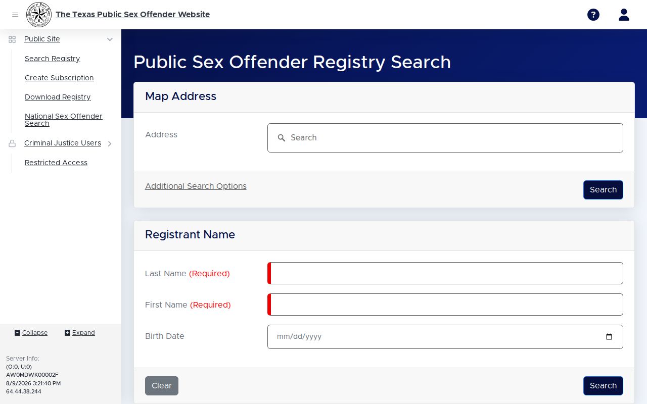 Sherman County sex offender registry search interface